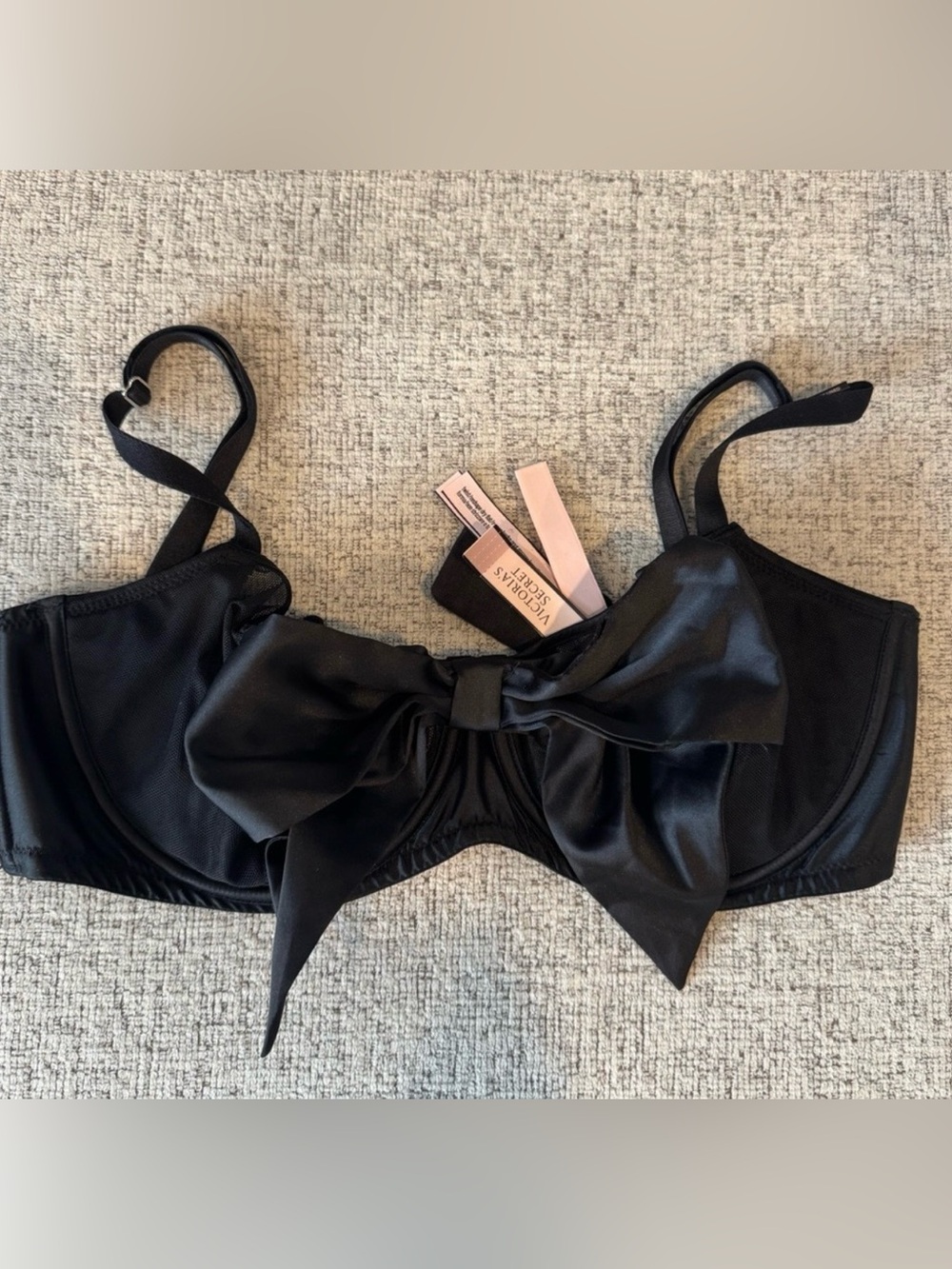 Victoria's Secret Black Satin Bow Underwire Bra/Bikini Top, 34DD